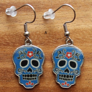 Halloween Pierced Earrings, Fangs, Candy Corn, Cat, Moon & Bats, Ghost, Stainless Steel Earwire, Gifts for Her, Jewelry A - Blue Skull