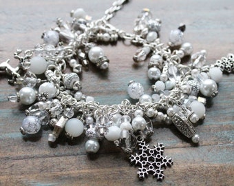 Christmas Charm Bracelet: Snowflake, Reindeer, White Silver Beads