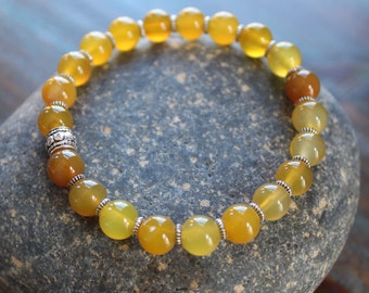 Yellow Agate Natural Stone Stretchy Bracelet | Stackable Bracelet | 6mm 8mm Agate Beads | Elastic Bangle | Sunflower Sun Charm