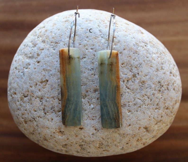 Blue Calcite Natural Stone Earrings Stainless Steel Ear Wires Rectangle Shape Hand Cut Stone Drop Earrings, Gifts for Her C