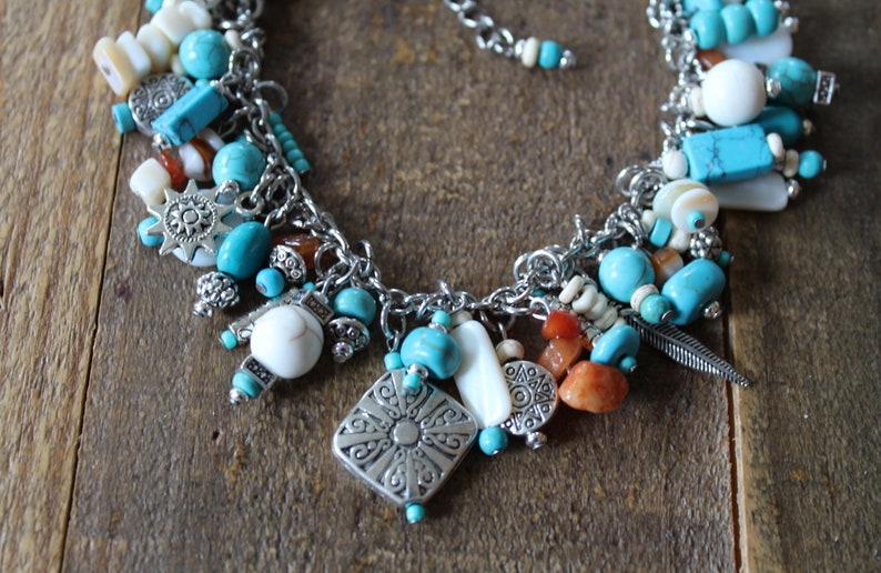 Charm Bracelet, Multi Charm, Southwest Style, Turquoise color beads, Silver Charms, Adjustable, fashion jewelry, gifts for her image 4