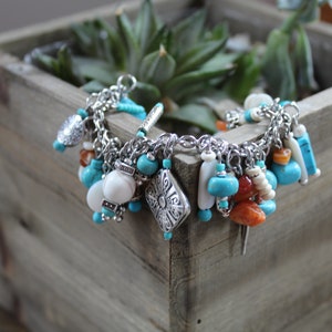 Charm Bracelet, Multi Charm, Southwest Style, Turquoise color beads, Silver Charms, Adjustable, fashion jewelry, gifts for her image 2