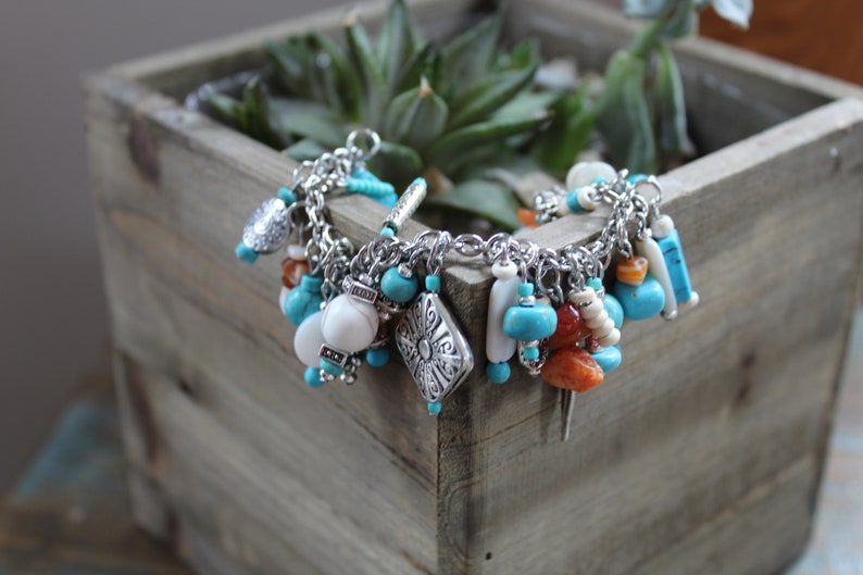 Charm Bracelet, Multi Charm, Southwest Style, Turquoise color beads, Silver Charms, Adjustable, fashion jewelry, gifts for her image 2