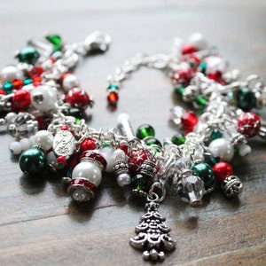 Christmas | Multi Charm Bracelet | Holiday Jewelry | Snowflake | Reindeer | Christmas Tree Charms | Silver | Green and Red Beads | Statement