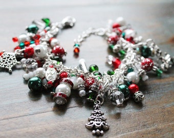 Christmas | Multi Charm Bracelet | Holiday Jewelry | Snowflake | Reindeer | Christmas Tree Charms | Silver | Green and Red Beads | Statement