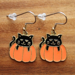 Halloween Pierced Earrings, Fangs, Candy Corn, Cat, Moon & Bats, Ghost, Stainless Steel Earwire, Gifts for Her, Jewelry H - Cat/Pumpkin