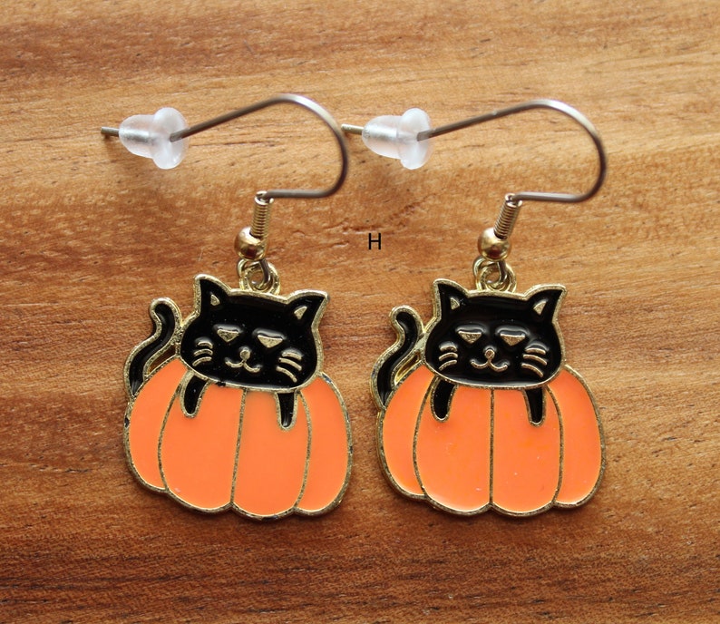 Halloween Pierced Earrings, Fangs, Candy Corn, Cat, Moon & Bats, Ghost, Stainless Steel Earwire, Gifts for Her, Jewelry H - Cat/Pumpkin