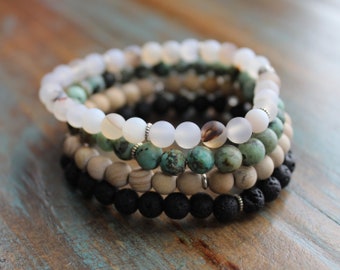 Stone Bead Bracelet Set: African Turquoise, Mars Jasper, Montana Agate, Lava