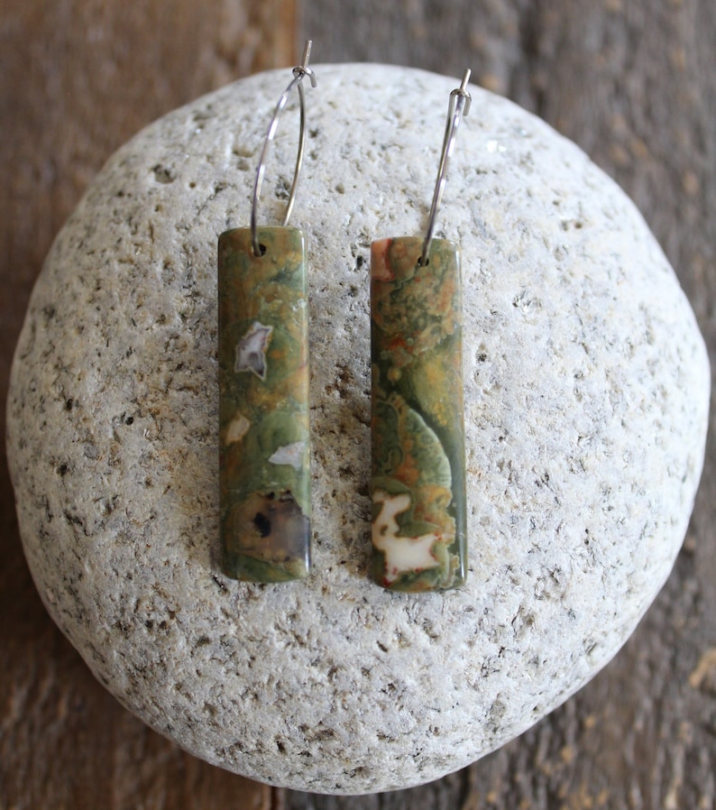 Jasper Rainforest Rhyolite Natural Stone Earrings Stainless Steel Ear Wires Popular Long Green Jasper Earrings image 1