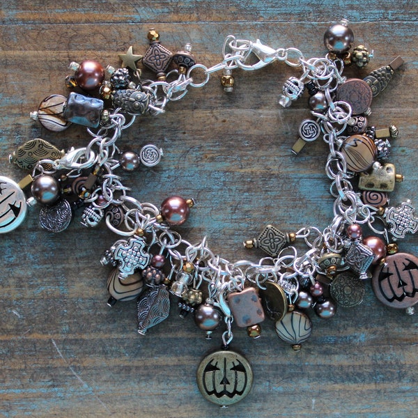 Halloween | Pumpkin | Jack O'Lantern | Multi Charm Bracelet | Fall Jewelry | Copper Charms | Silver Bracelet | Autumn  Color Jewelry