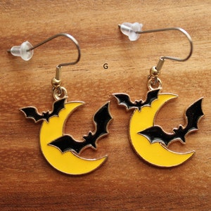 Halloween Pierced Earrings, Fangs, Candy Corn, Cat, Moon & Bats, Ghost, Stainless Steel Earwire, Gifts for Her, Jewelry G - Moon/Bats