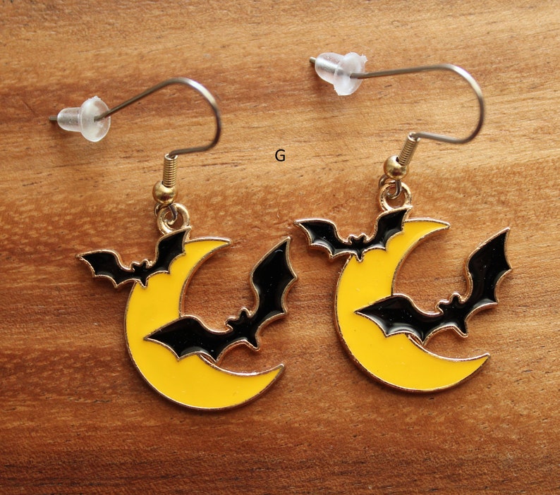 Halloween Pierced Earrings, Fangs, Candy Corn, Cat, Moon & Bats, Ghost, Stainless Steel Earwire, Gifts for Her, Jewelry G - Moon/Bats