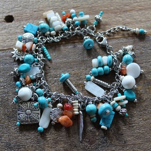 Charm Bracelet, Multi Charm, Southwest Style, Turquoise color beads, Silver Charms, Adjustable, fashion jewelry, gifts for her image 1