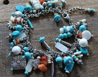 Charm Bracelet, Multi Charm, Southwest Style, Turquoise color beads, Silver Charms, Adjustable, fashion jewelry, gifts for her