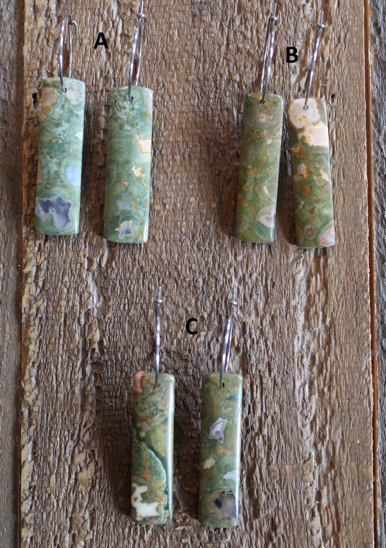 Jasper Rainforest Rhyolite Natural Stone Earrings Stainless Steel Ear Wires Popular Long Green Jasper Earrings image 2