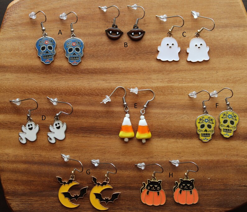 Halloween Pierced Earrings, Fangs, Candy Corn, Cat, Moon & Bats, Ghost, Stainless Steel Earwire, Gifts for Her, Jewelry image 3