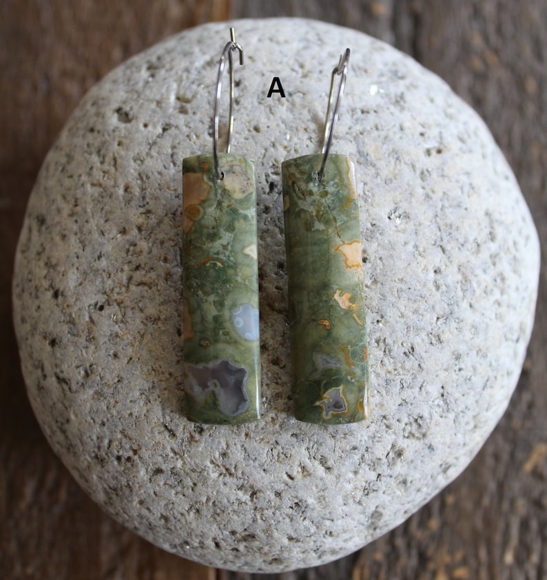 Jasper Rainforest Rhyolite Natural Stone Earrings Stainless Steel Ear Wires Popular Long Green Jasper Earrings A