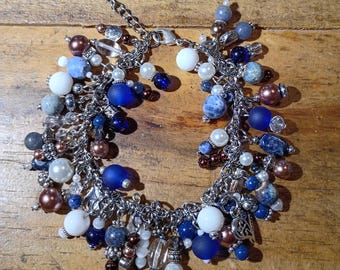 Blue and Brown Charm Bracelet: Multi-Charm Style Silver Fashion Jewelry