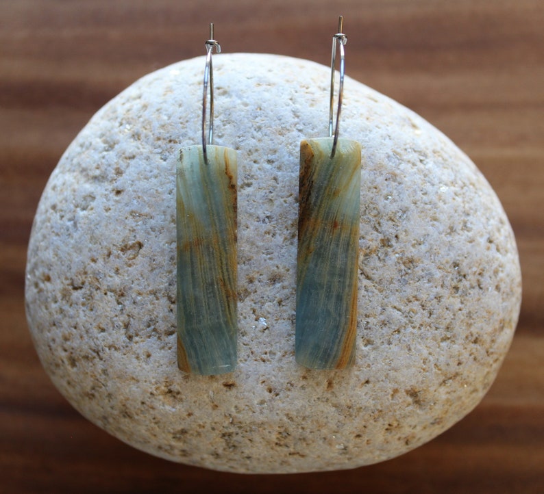 Blue Calcite Natural Stone Earrings Stainless Steel Ear Wires Rectangle Shape Hand Cut Stone Drop Earrings, Gifts for Her image 1