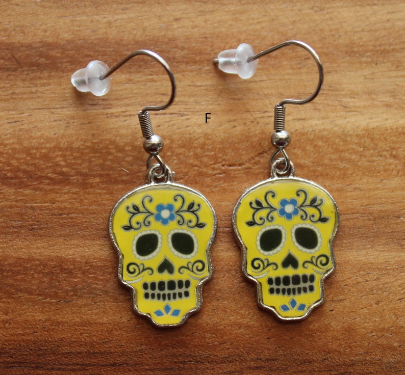 Halloween Pierced Earrings, Fangs, Candy Corn, Cat, Moon & Bats, Ghost, Stainless Steel Earwire, Gifts for Her, Jewelry F - Yellow Skull