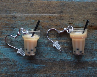 Boba Tea, Iced Coffee Cup Pierced Earrings, Latte Stainless Steel Ear Wires, Cappucino Coffee