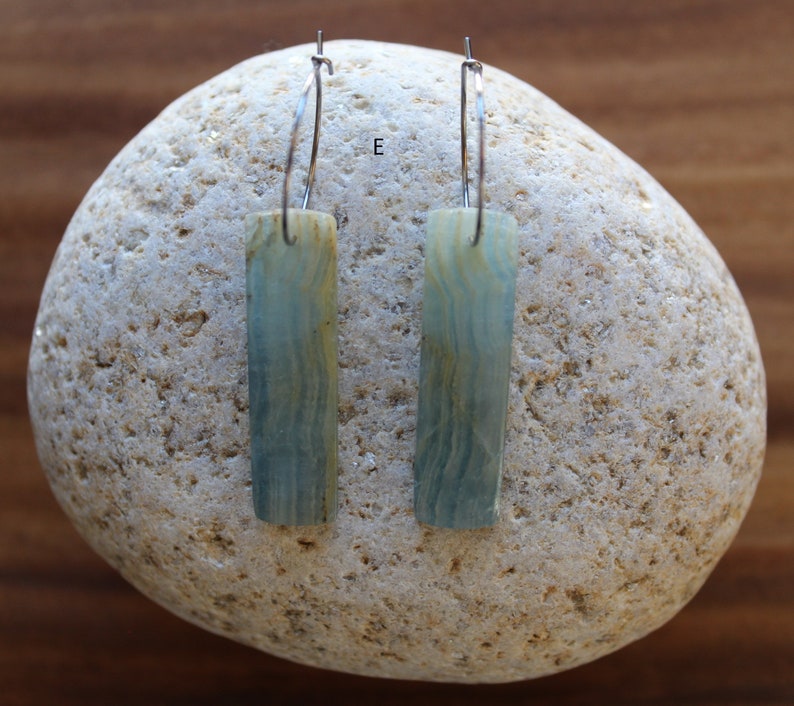 Blue Calcite Natural Stone Earrings Stainless Steel Ear Wires Rectangle Shape Hand Cut Stone Drop Earrings, Gifts for Her E
