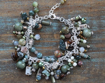 Green Multi Charm Bracelet: Glass Pearl Beads, Silver Bronze Accents