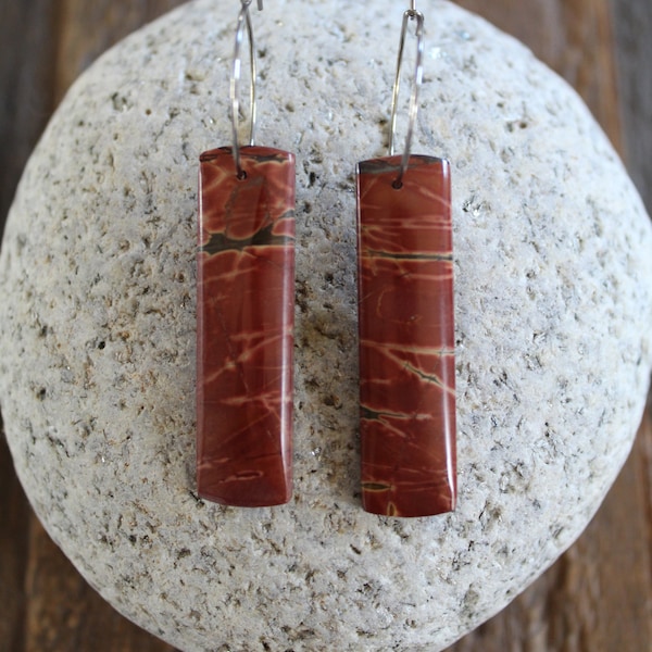 Red Creek Jasper Natural Stone Earrings | Stainless Steel Ear Wires | Drop Earrings | Rectangle Shape