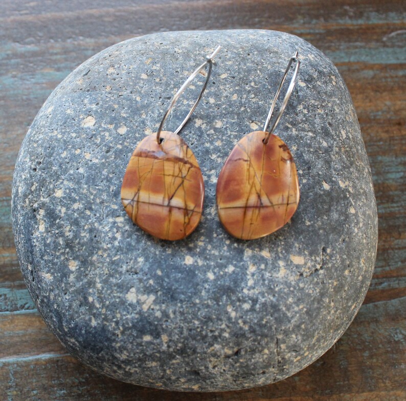 Free Form Style Stainless Steel Ear Wires Drop Earrings Red Creek Jasper Natural Stone Earrings