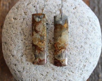 Owyhee Picture Jasper Natural Stone Earrings, Stainless Steel Ear Wires, Dangle, Drop, Rectangle Earrings, Jewelry Gifts for Her