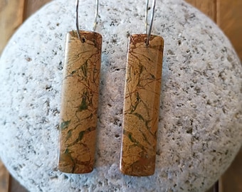 Green Canyon Jasper Earrings: Hand Cut Stone, Stainless Steel