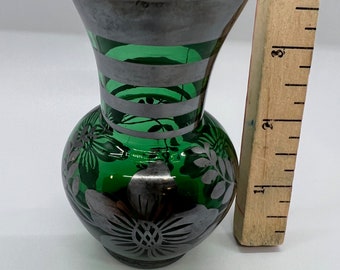 Vintage Green Glass Vase with Silver Overlay (Small)