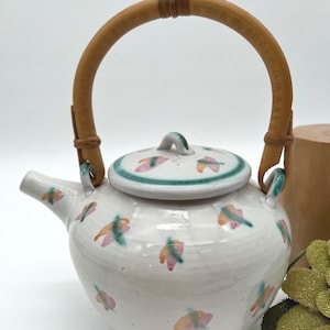 Vintage 1990's Style Red Ware Art Pottery Tea pot with Bamboo Handle Artist Signed