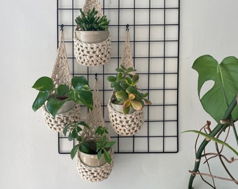Small Cream Cotton Wall Hanging Planter | Handmade Crochet Eco Friendly Indoor Bohemian Wall Mounted Plant Holder | Porch Decor Plant Basket