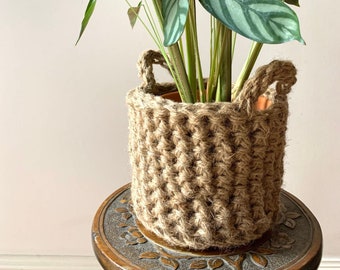 Jute Crochet Plant Holder | Bohemian Eco Friendly Handmade Jute Plant Basket | Textured Fabric Plant Pot Planter