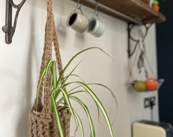 Small Handmade Crochet Jute Ceiling Plant Hanger | Natural Eco Friendly Crochet Jute Hanging Basket Plant Holder | Porch Decor Plant Basket