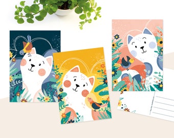 Postcard pack cats - set of three illustrated postcards, birthday, cat lover
