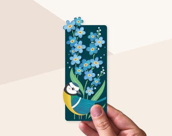Bookmark forget-me-not, illustration flowers and blue tits, bookish gift
