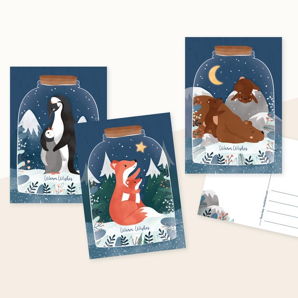 Kerstkaarten set - postkaarten winter, kerst, dieren, set van 3