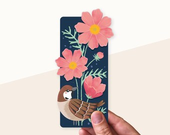 Bookmark cosmos, illustration flowers and sparrow, bookish gift