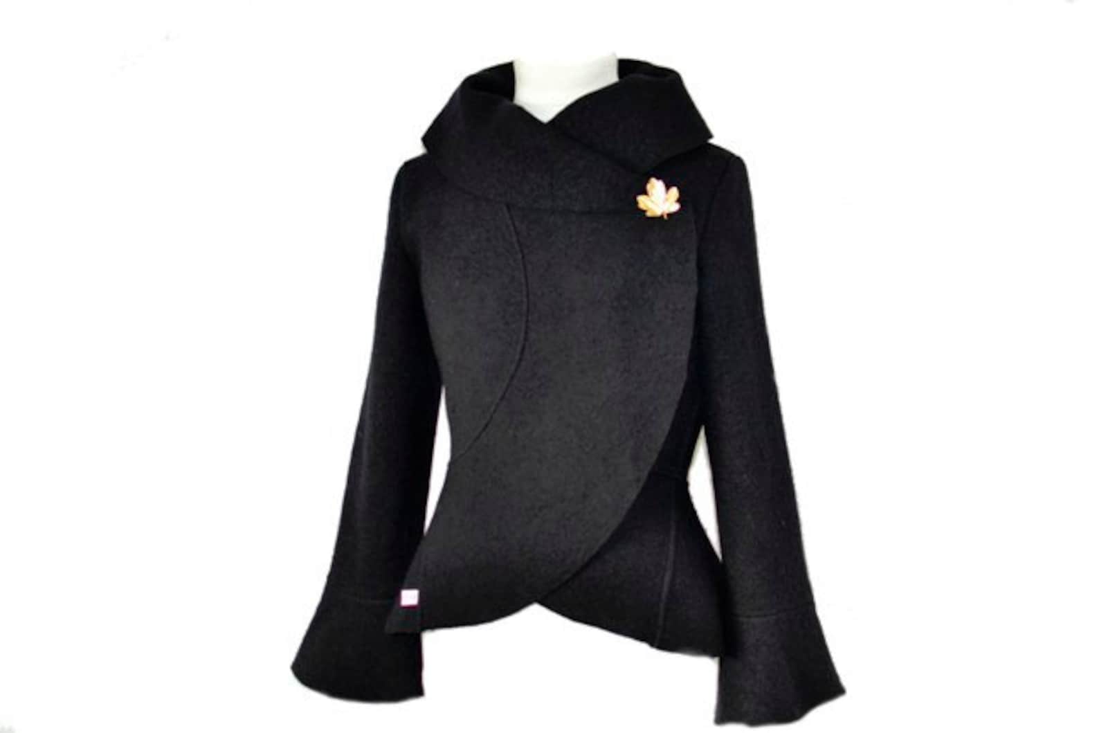 Women Boiled Wool Jacket Size Xsl Black Etsy