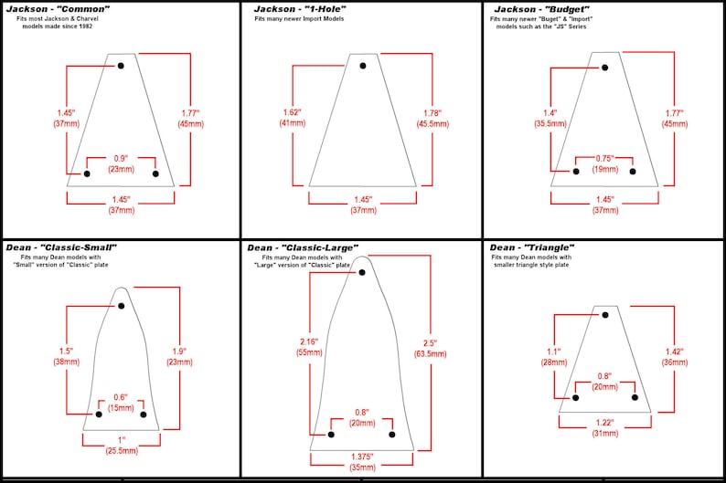 Pu&ograve; includere: Diagrammi di forme di battipenna per chitarra con misure in pollici e millimetri. Include modelli Jackson e Dean, etichettati "Common", "1-Hole", "Budget", "Classic-Small", "Classic-Large" e "Triangle".