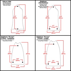 Pu&ograve; includere: Diagramma delle forme e dimensioni delle paletta della chitarra. Include Gibson USA, Epiphone (Flat Bottom) e due design Epiphone "Scoop". Le misure sono in pollici e millimetri, con etichette come "2.05" (52mm)" e "2.35" (59mm)".