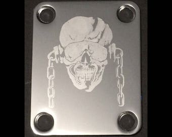 Guitar Parts - Neck Mounting Plate - Custom Engraved Etched - MEGADETH VIC RATTLEHEAD - Chrome or Gold