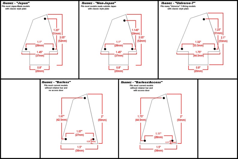 Pu&ograve; includere: Diagrammi di parti di chitarra Ibanez con misure in pollici e millimetri. I diagrammi sono etichettati per diversi modelli Ibanez, tra cui "Japan", "Non-Japan", "Universe-7", "Barless" e "Barless/Access".