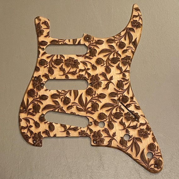 Guitar Part - WOOD BURNED PICKGUARD - Floral Flower Rose Vine