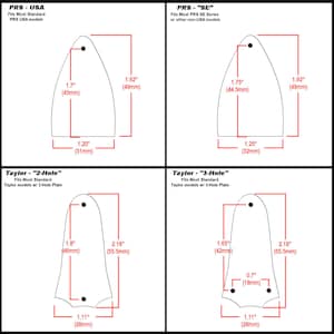 Pu&ograve; includere: Diagramma delle forme delle paletta della chitarra con misure in pollici e millimetri. Include i modelli PRS USA, PRS SE, Taylor 2-Hole e Taylor 3-Hole. Ogni forma &egrave; etichettata con le dimensioni per riferimento.