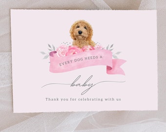 Custom Dog Baby Shower Thank You Cards: Pink Floral Dog Portrait (Printed or Digital)