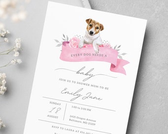 Customizable Dog Baby Shower Invitations: Printed or Digital Pet Portrait Invite for Girl
