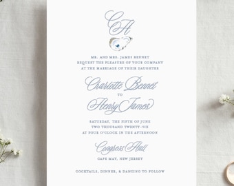 Coastal Wedding Invitation – 5 Piece Suite featuring Watercolor Oysters and Hydrangeas